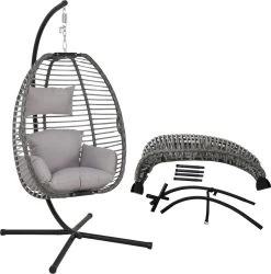 Pro Garden Lowander Hangstoel Egg 191x126x126- Schommelstoel Met Rattan Cocoon En Robuust Stalen Standaard Incl. Kussens - Volledig Inklapbaar - Lichtgrijs -Tuin Kortingswinkel 1185x1200 3