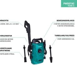 VONROC Hogedrukreiniger V14C-1 - 1400W – 110 Bar – 390 L/h – Compact - Incl. 5m Slang, Spuitstukken En Accessoires -Tuin Kortingswinkel 1200x1008