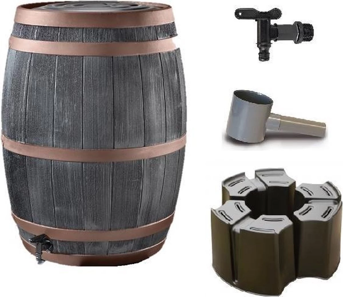 Complete Set: Regenton Bronzen Band 235 Ltr | Hout Effect | Handbewerkt | Inc.voet & Vulautomaat 1 Complete Set: Regenton Bronzen Band 235 Ltr | Hout Effect | Handbewerkt | Inc.voet & Vulautomaat