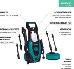 VONROC Hogedrukreiniger V14-2 - 1400W – 110 Bar – 390 L/h – Incl. 5m Slang, Reinigingsmiddelen Flesje, Terrasreiniger En Meer -Tuin Kortingswinkel 1200x1110