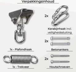 LFSY - Ophangsysteem - Universele Plafondhaak - Hangstoelen Binnen & Buiten - Ophanghaak – Bokszakken - Verandastoel - Zware Veer - RVS – 450kg – M8 -Tuin Kortingswinkel 1200x1131 2
