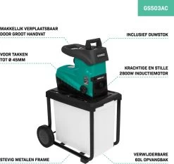 VONROC Stille Hakselaar/Shredder 2800W – Voor Takken Tot Ø45mm – Incl. 60L Opvangbak & Duwstok -Tuin Kortingswinkel 1200x1134