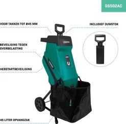 VONROC Hakselaar/Shredder 2500W – Voor Takken Tot Ø45mm – Incl. 45L Opvangzak & Duwstok -Tuin Kortingswinkel 1200x1179