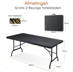 Lenx Klaptafel - Inklapbare Tafel - Opvouwbare Tuintafel - Vouwtafel - Inclusief Handvat En 2 Tafelkleden - 180x75x74cm - 6 Tot 8 Personen -Tuin Kortingswinkel 1200x1179 6