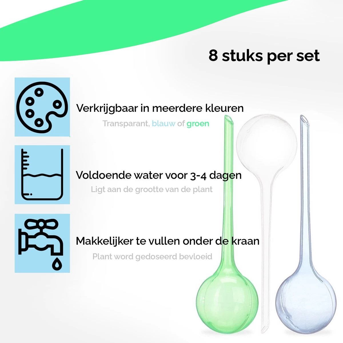 HGMD Waterdruppelaar Set Van 8 Stuks Voor Planten Transparant - Groen - Waterdruppelaar Voor Kamerplanten – Waterbol - Waterdruppelaar Voor Planten - Watergeefsysteem 2 HGMD Waterdruppelaar Set Van 8 Stuks Voor Planten Transparant - Groen - Waterdruppelaar Voor Kamerplanten – Waterbol - Waterdruppelaar Voor Planten - Watergeefsysteem - Afbeelding 2