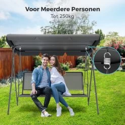 LifeGoods Schommelbank - 3-zits - Tot 250KG - Kantelbaar Dak - UV-bestendig Zonnescherm - 172x104x162cm - Grijs -Tuin Kortingswinkel 1200x1200 714