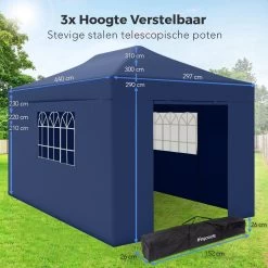 LifeGoods Partytent - 3x4.5 M - Zijwanden - Easy Up - Opvouwbaar - Waterdicht - Draagtas Met Wieltjes - Donkerblauw -Tuin Kortingswinkel 1200x1200 981