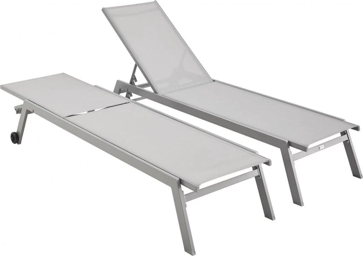 ELSA - Set Van 2 Ligstoelen Van Aluminium En Textileen, Ligbed Multipositioneel Met Wieltjes, Kleur Grijs/lichtgrijs 5 ELSA - Set Van 2 Ligstoelen Van Aluminium En Textileen, Ligbed Multipositioneel Met Wieltjes, Kleur Grijs/lichtgrijs - Afbeelding 5